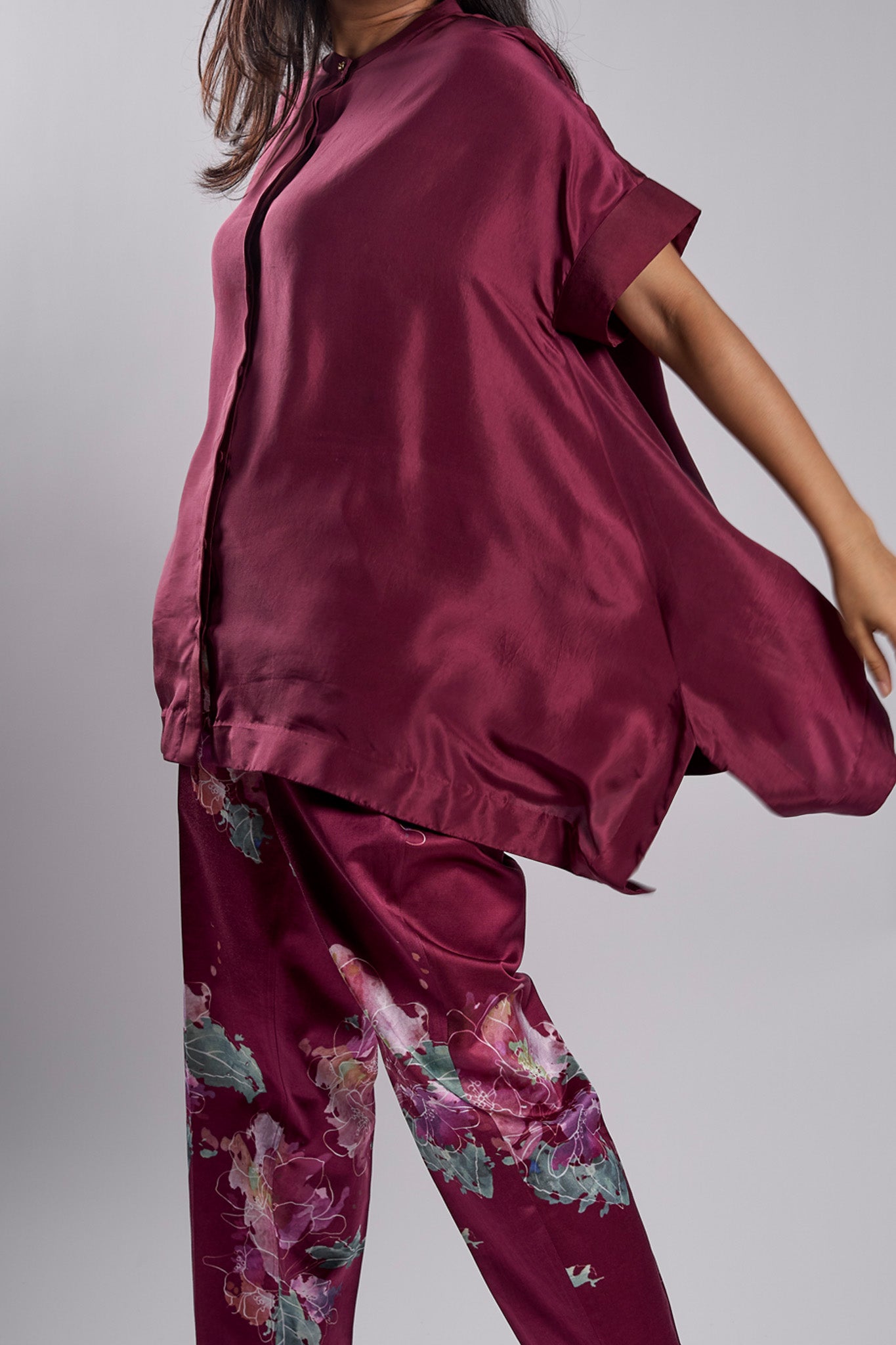 Marsala Solid top with Watercolour Peonies pants Coordinated set