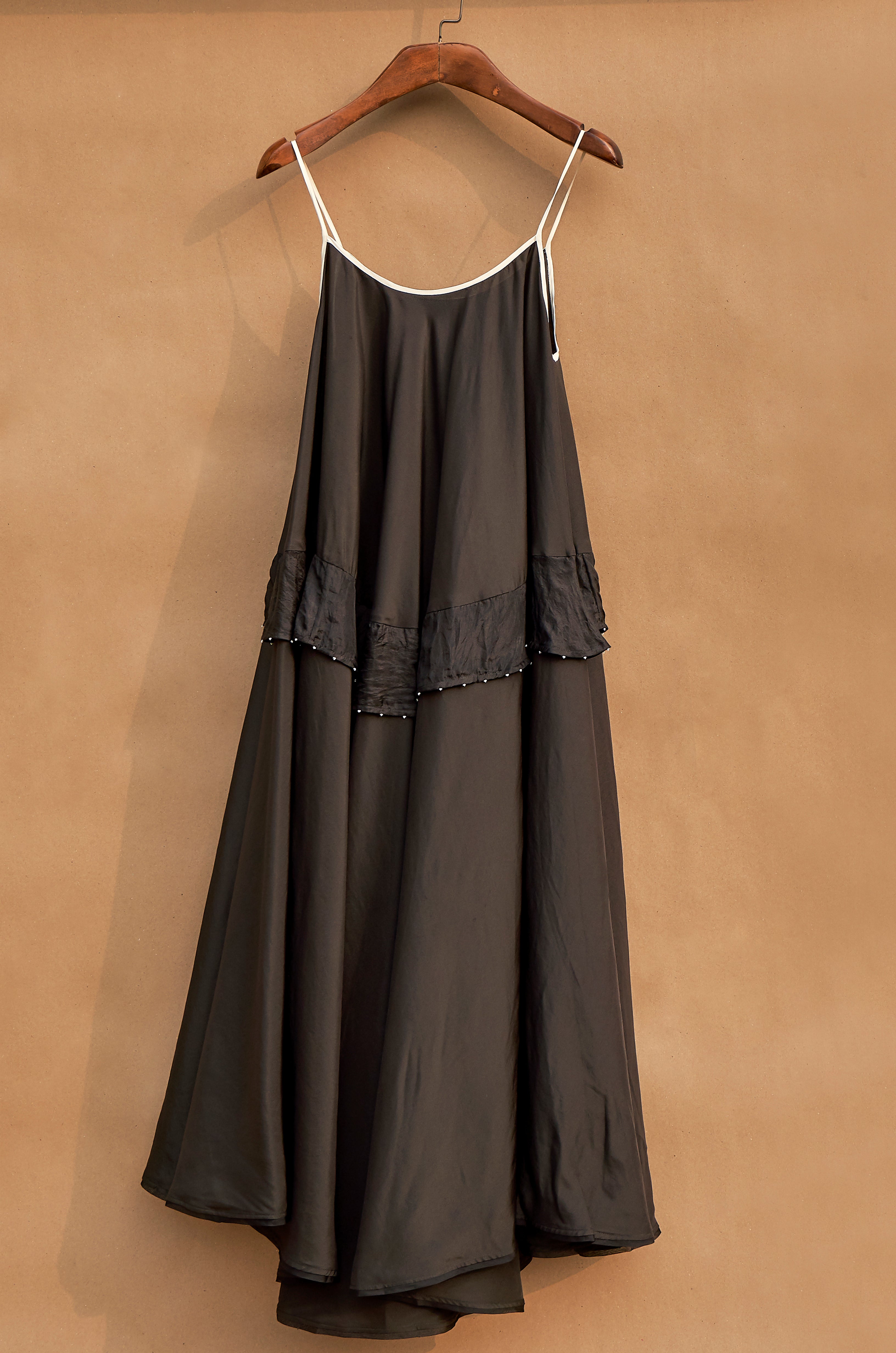 Black Solid Silk Flared Tiered Dress