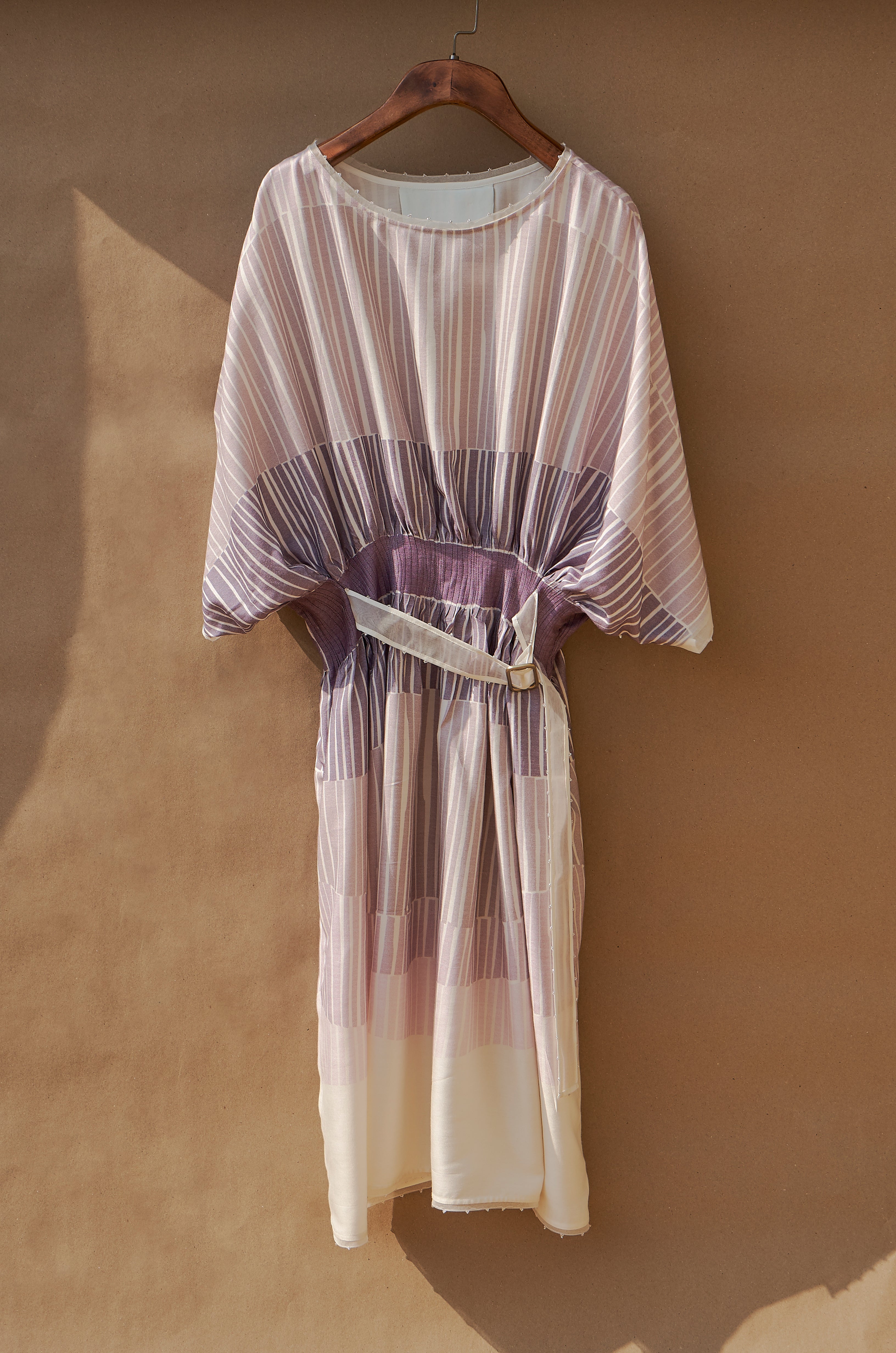 Soft Breath Striper Kimono Dress with Belt