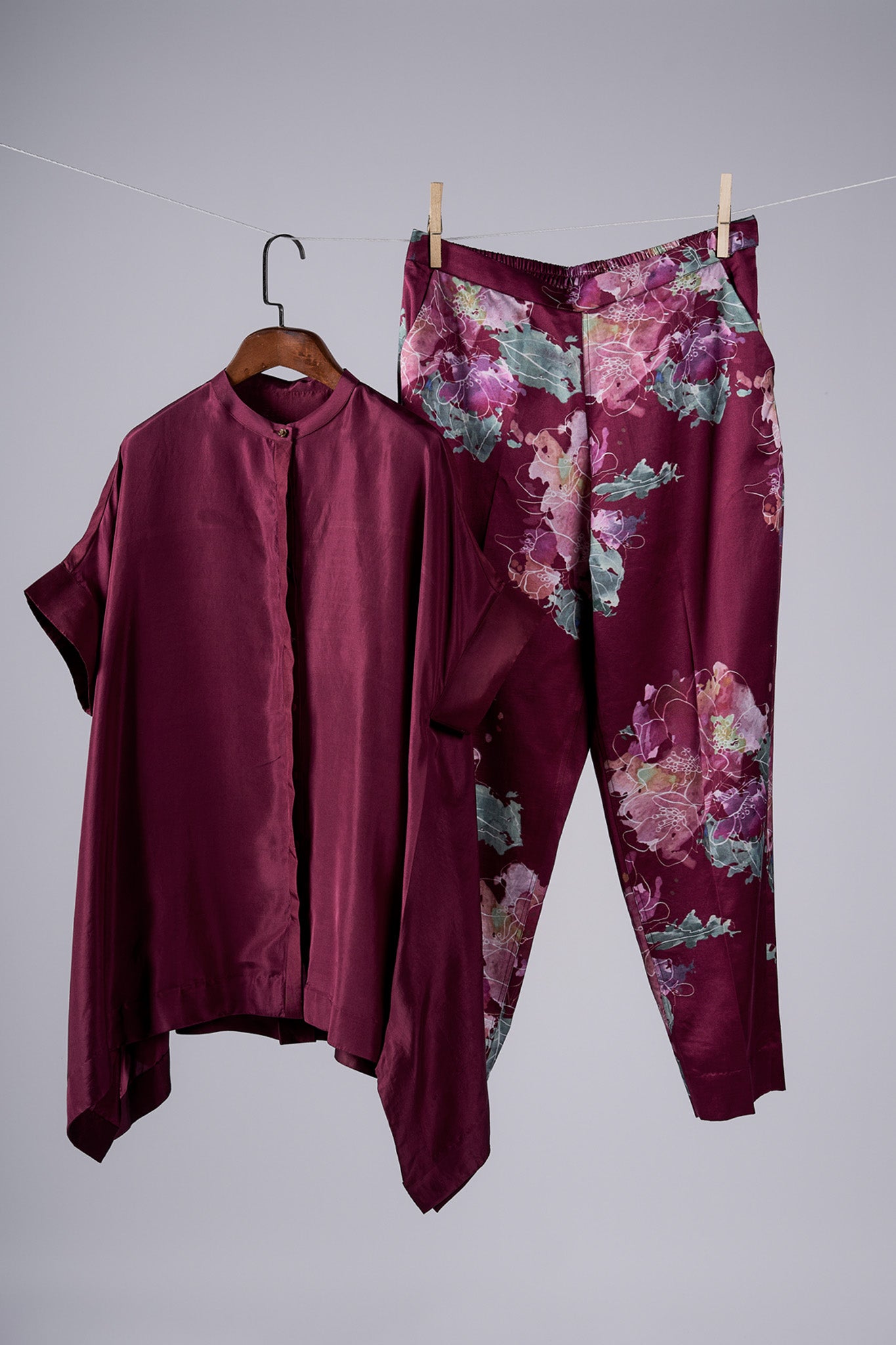 Marsala Solid top with Watercolour Peonies pants Coordinated set