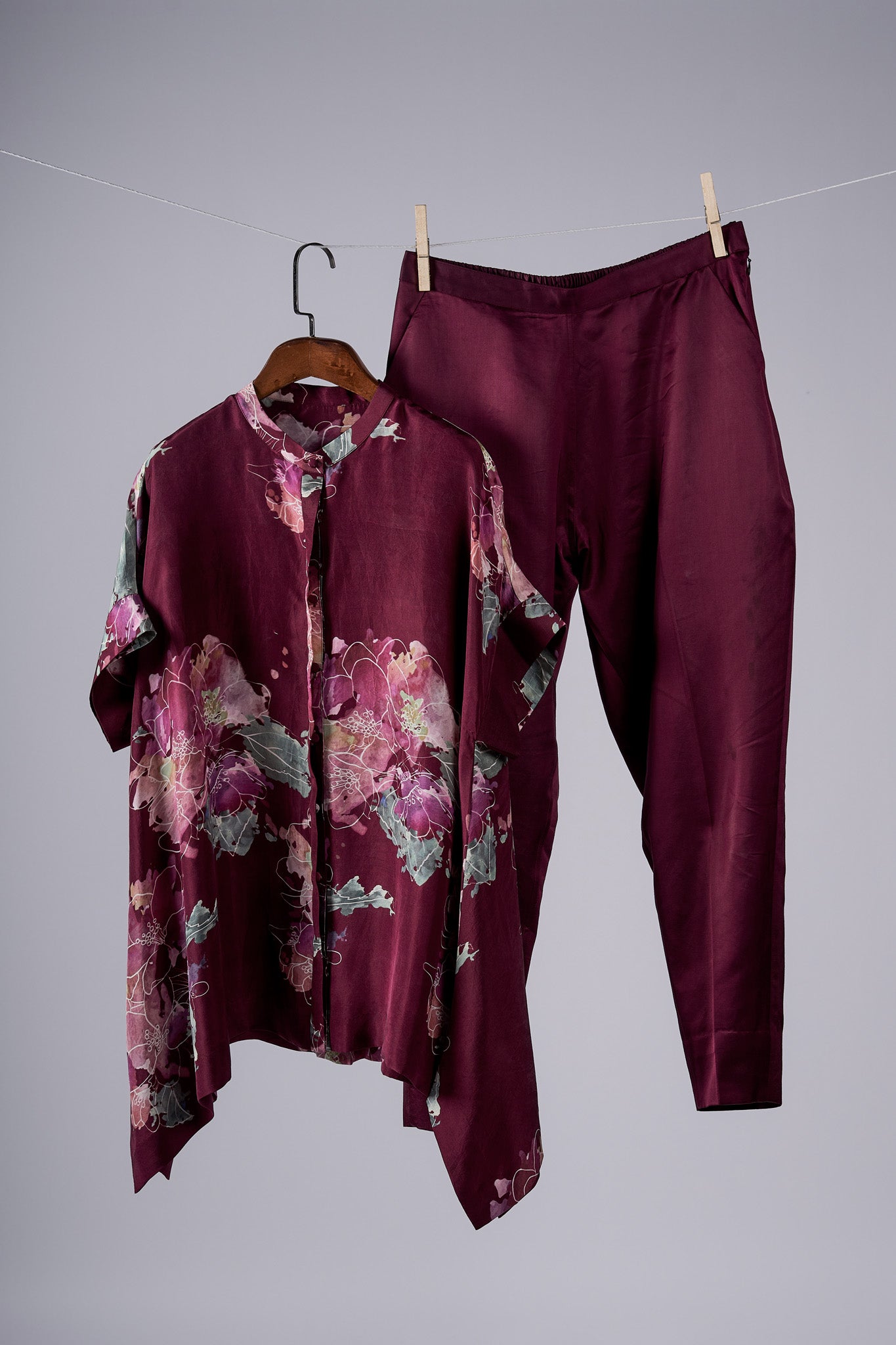 Marsala Watercolour Peonies top with solid pants Coordinated set