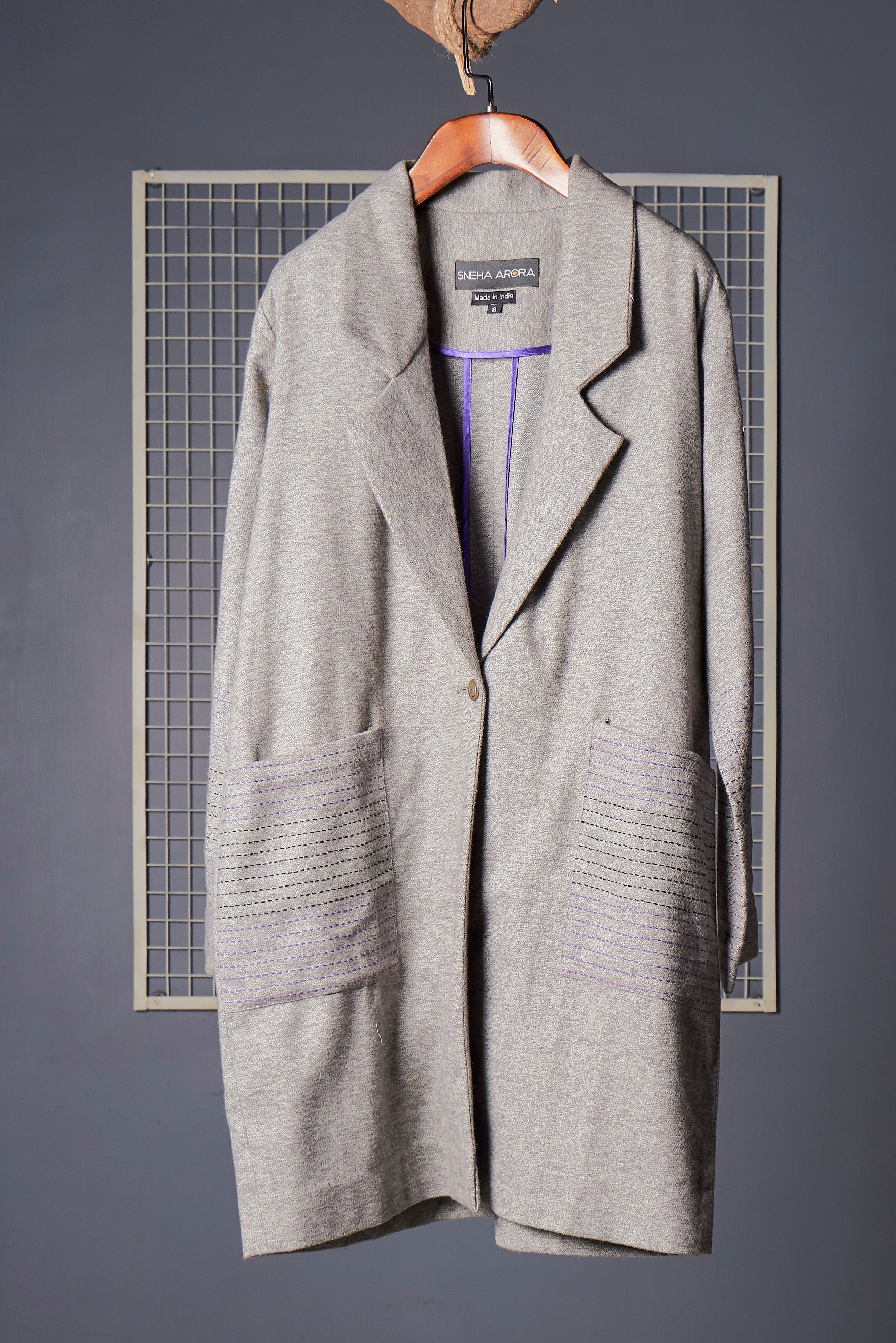 Grey Unlined wool Jacket with contrast piping