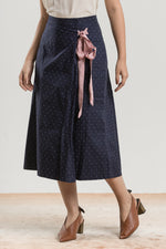 Load image into Gallery viewer, NAVY BLUE POLKA WRAP AROUND SKIRT
