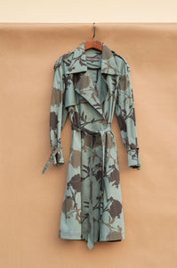 Green black floral trench coat